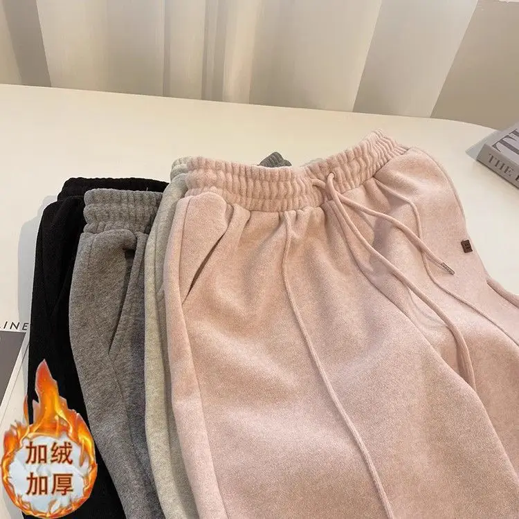 Pink Glutinous Rice For Women, Autumn And Winter, Fleece-Lined, Thickened, Slimming, Versatile, Lazy Style, Sports Sweatpants,