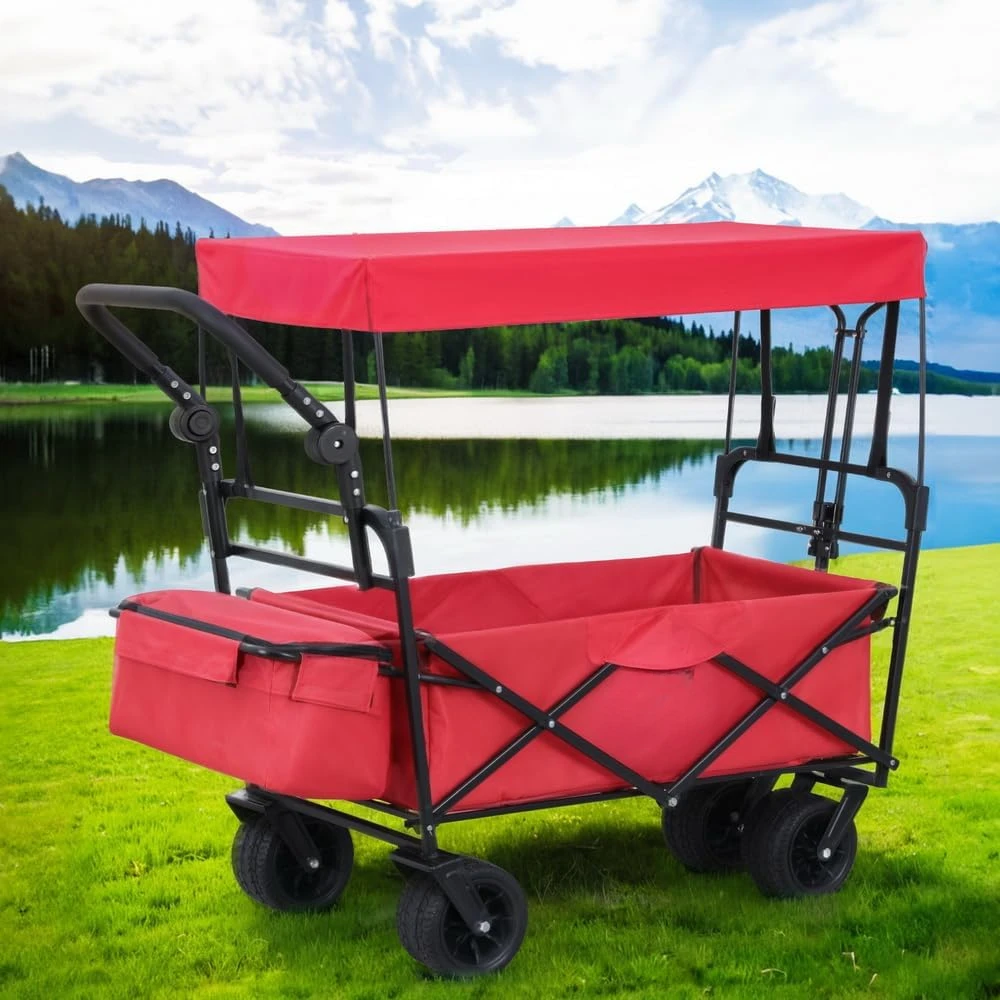 Garden Cart with Removable Canopy Trolley Camping Wagon Barrow Folding