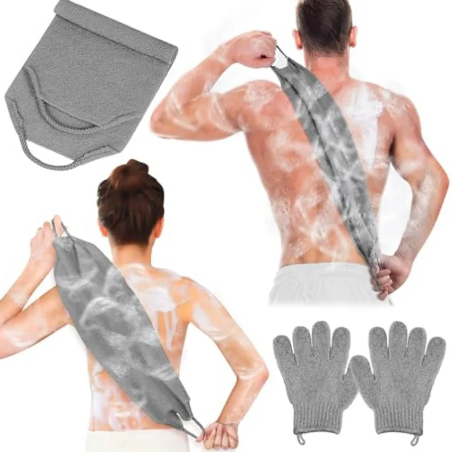 

Exfoliating Back Scrubber Bath Gloves Set, Exfoliating Shower Towel with Shower Gloves for Body Scrub, Back Cleaner Wash Gloves
