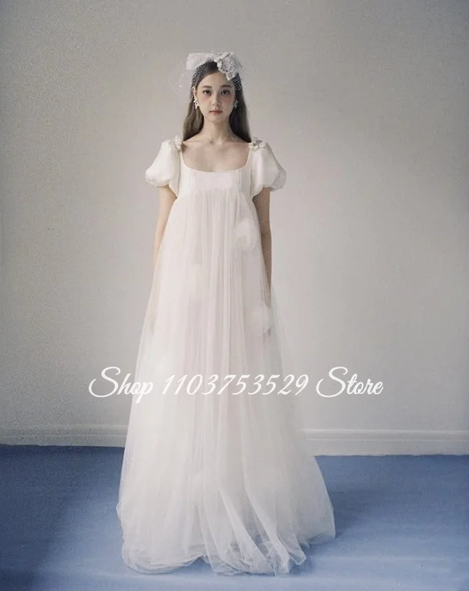 Custom Off-White 19th Regency High-Waisted Tulle Wedding Dress Jane Austen-Inspired Lightweight Wedding Dress Engagement Gown