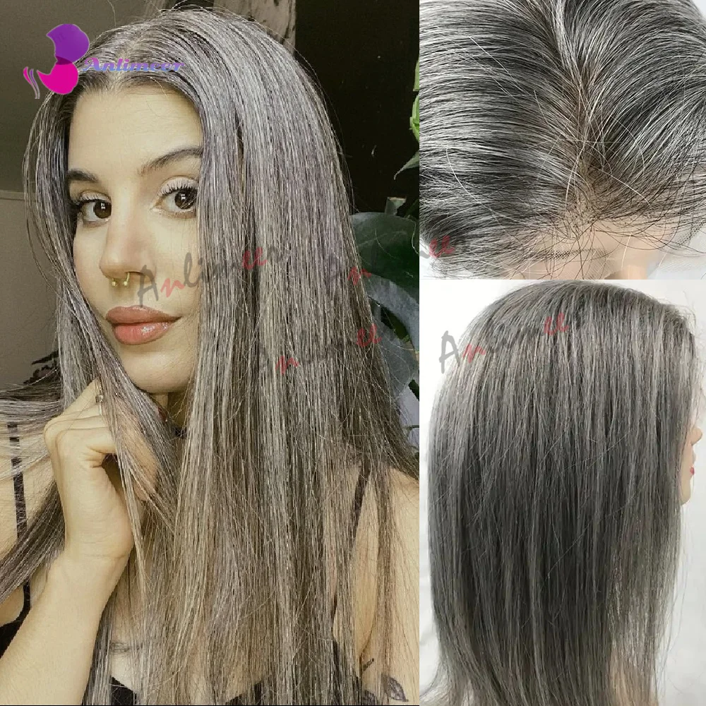 

Black and Grey Colored Lace Front Wigs Human Hair Mixed Gray Wigs For Black Women Straight Human Hair Wig Highlighted Wigs