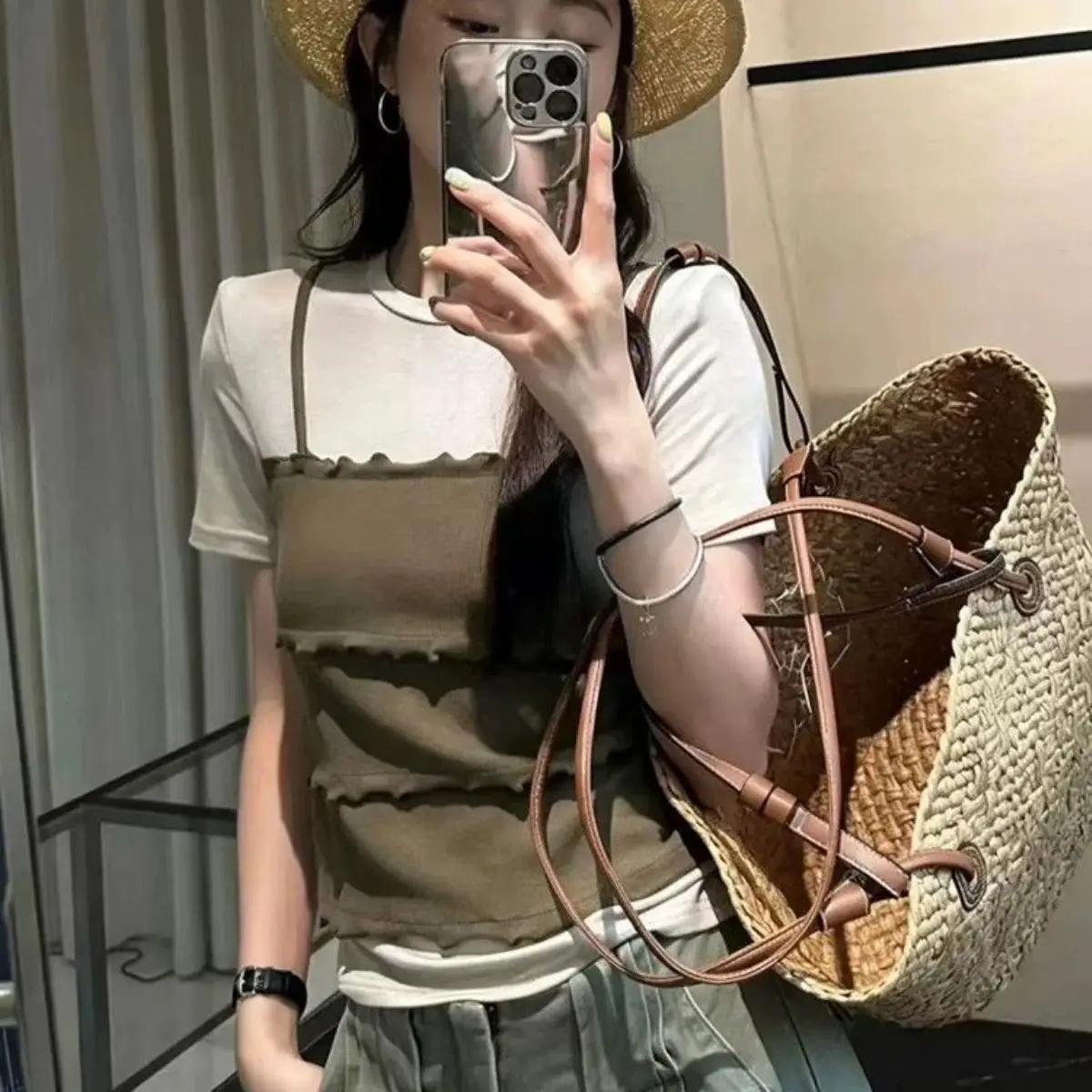 SYsYouthfully False Two-piece Sweet T Shirts Women Short Sleeve Korean Style Top Basic Summer Cotton Solid Slim T Shirt