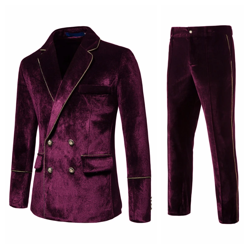 2025 Fall/Winter Navy Double-Breasted Velvet Suits for Men Burgundy/Forest Green Fashion Casual Velvet Suit + Pants  2-Piece Set