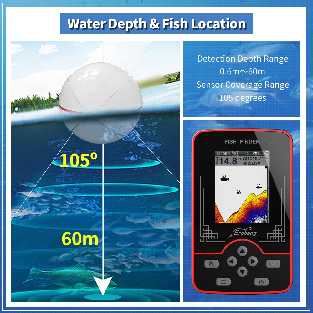 Erchang F13 Wireless Sounder Fish Finder Rechargable 100m Distance Lake River Sea Fishing