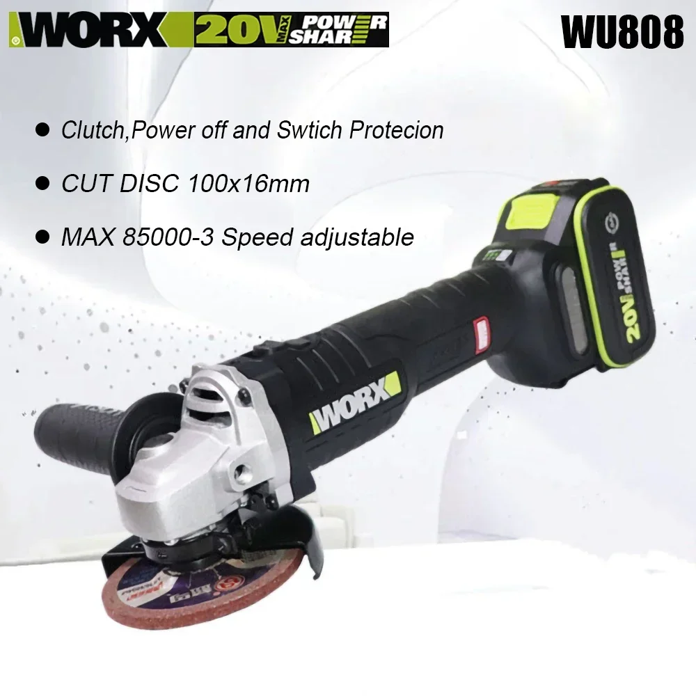 Worx WU808 Wireless Angle Grinder Brushless 20v 100x16mm 8500rpm 3 Speed Adjustable for Cutting Universal Green Battery