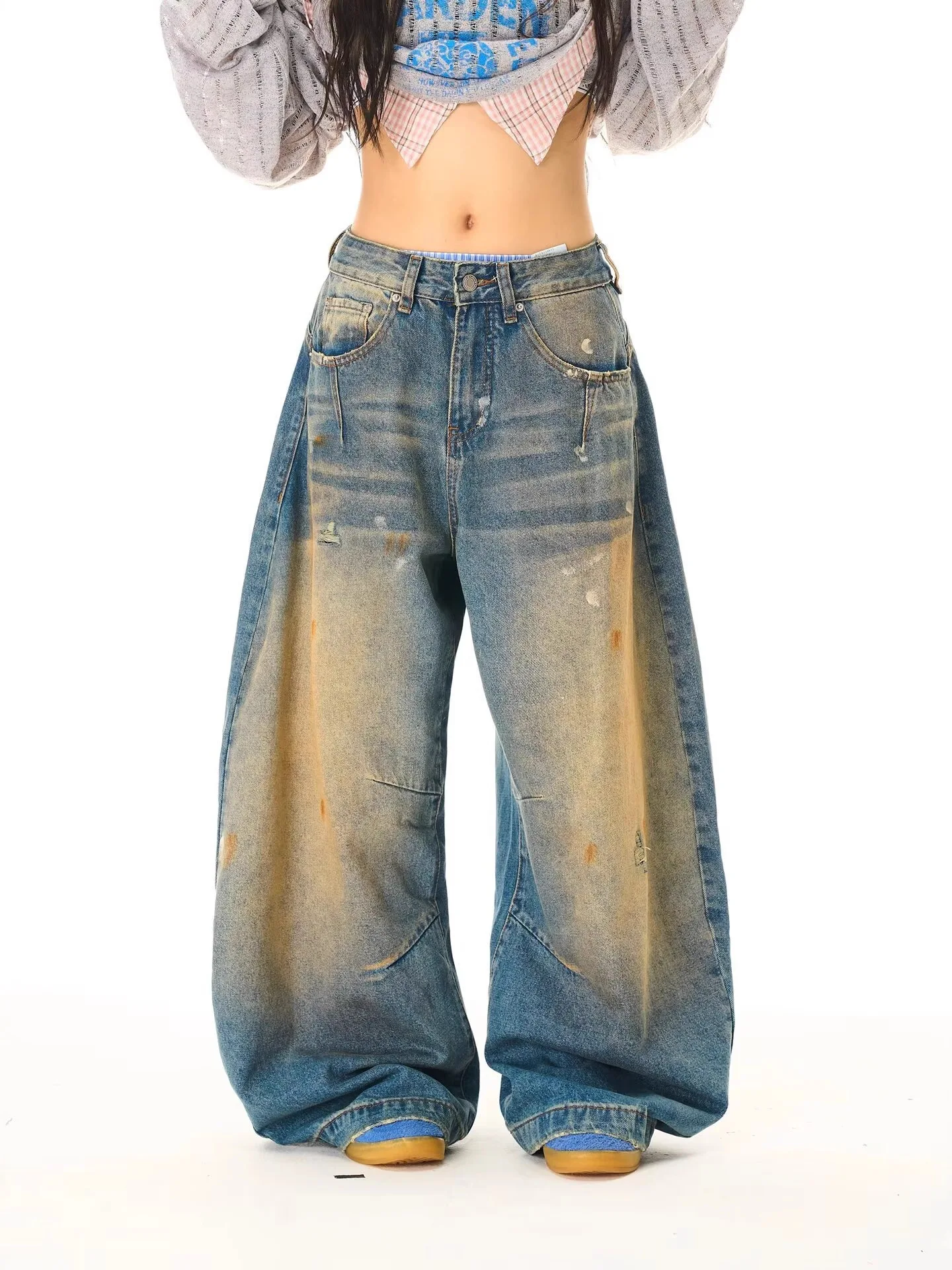 

Женские джинсы в стиле ретро с широкими штанинами, свободные повседневные джинсовые брюки, модные американские джинсы с эффектом окрашивания, винтажные прямые джинсы