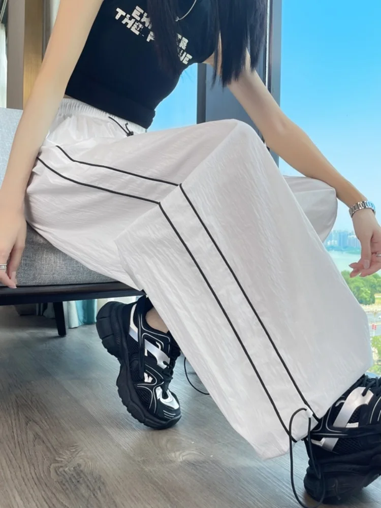 

Женские летние спортивные брюки в американском стиле из ледяного шелка с завязками, быстросохнущие, тонкие, повседневные, с высокой талией, облегающие, в корейском стиле