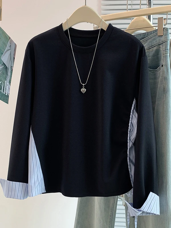 Korean Design Sense Autumn New Uneven Striped Splicing Women's Sweatshirt Versatile High-End Feeling T-shirt Ladies Fashion