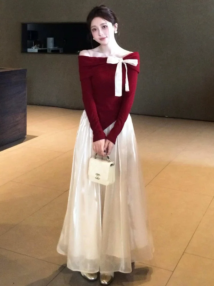 

Red One-Shoulder Set Dress Women's New Year's Fashion Long Dress Elegant Style Winter Collection 2024 for Young Adults