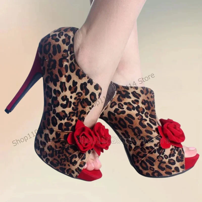 Red Appliques Leopard Print Peep Toe Sandals Slip On Women Shoes Thin High Heels Party Feast Banquet 2024 Zapatos Para Mujere