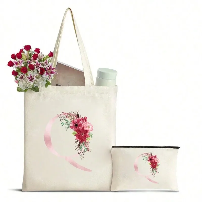 Large Capacity Canvas Handbag and Small Makeup Bag with Letter Flower Print Design Personalized Wedding Gift Bag for Bridesmaids