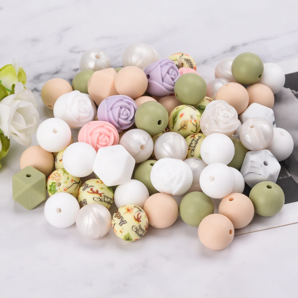 LOFCA 66Pcs Silicone Beads 15mm Printed Round Flower Beads For Jewelry Making DIY Necklace Bracelet Accessorie