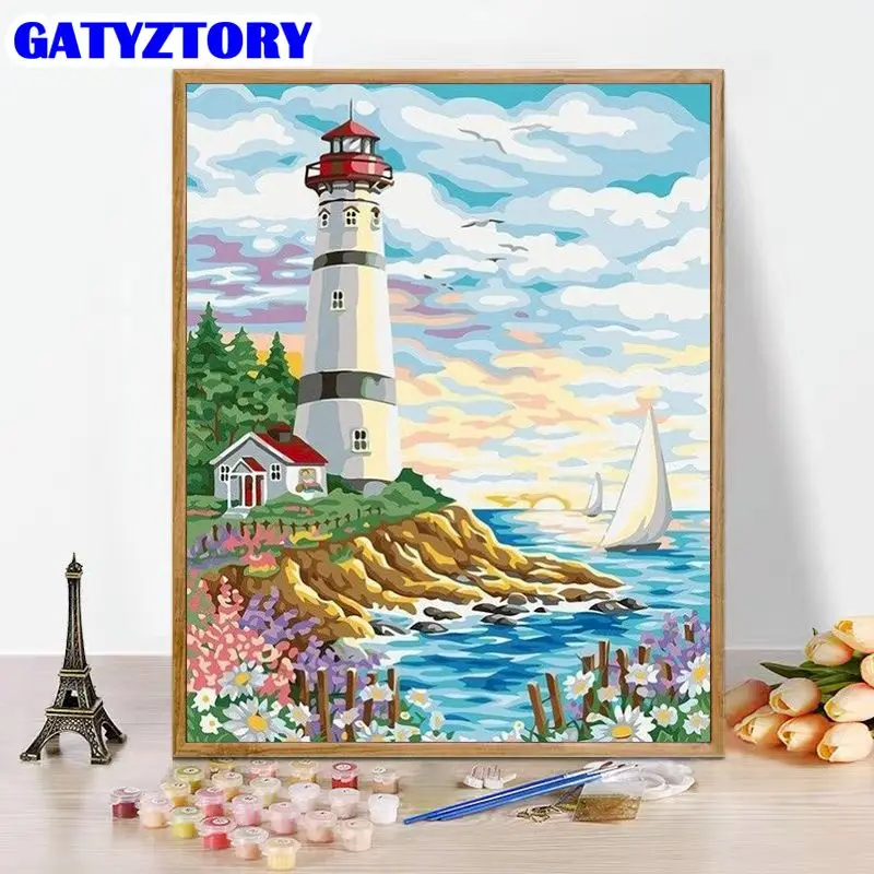 

GATYZTORY Painting By Number Beacon Scenery DIY Pictures By Numbers Kits Drawing On Canvas HandPainted Seascape Art Home Decor