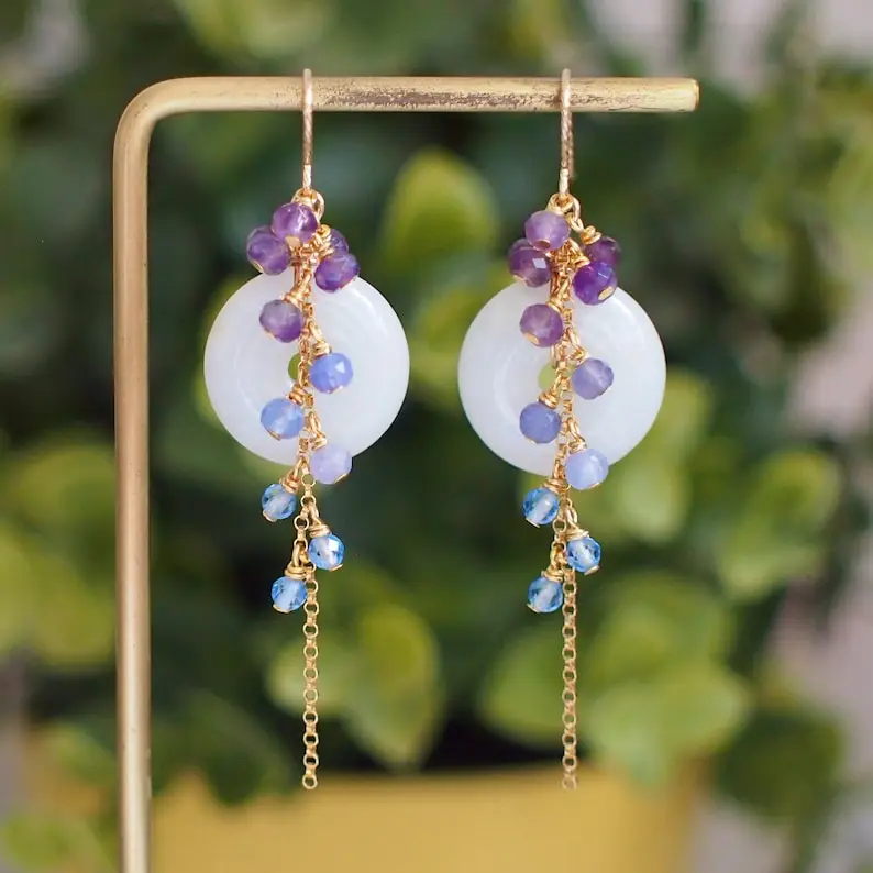 Type A Burmese White Jade Donut Earrings // Long Cascading Gems // Purple Ombre // 14K Gold-filled // Unconventional & Elegant