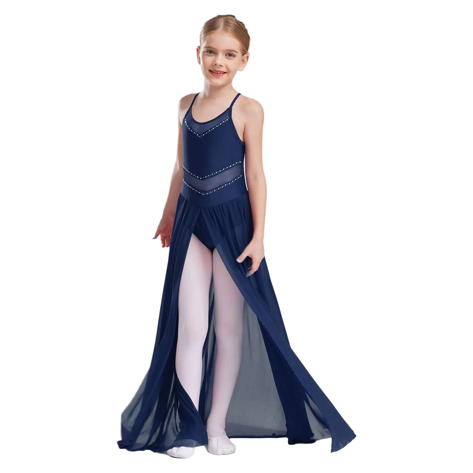 Kids Girls Lyrical Dance Dress Spaghetti Straps Crisscross Strappy Back Split Flowy Mesh Leotard Dress Modern Ballet Dancewear
