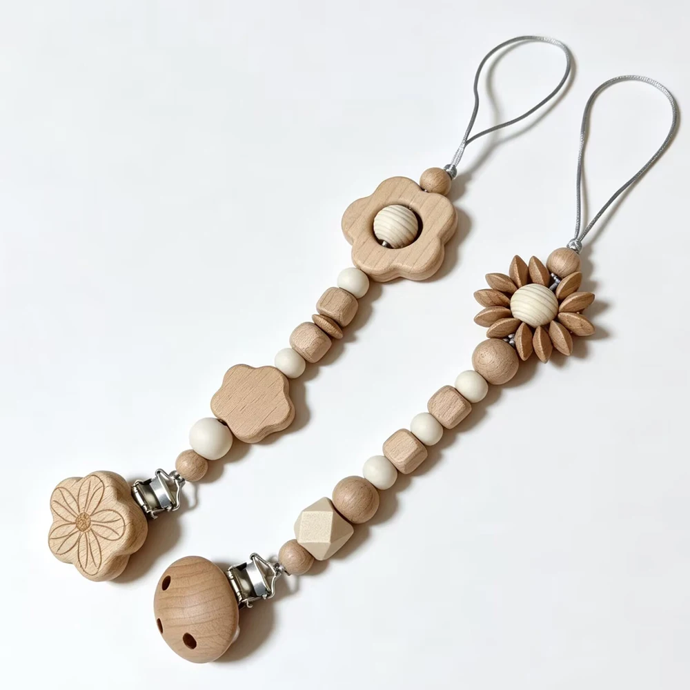 1PCS handmade wooden bead Pacifier Clips Safe Teething Chains Baby Teether Eco-friendly Dummy Beech Clips Holder