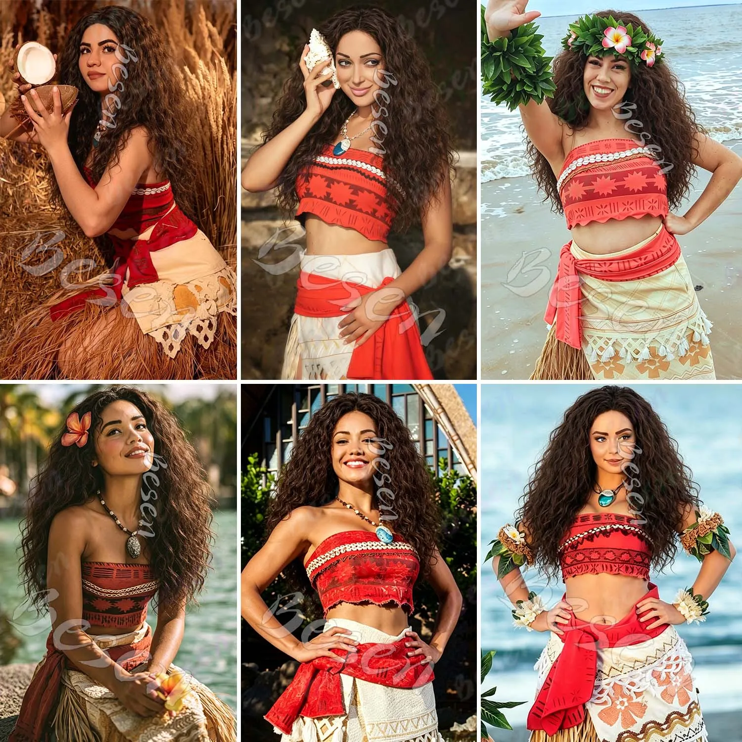 Synthetic Brown Long Curly Princess Moana Wig,Multi Colored Wigs,Ocean Romance Cosplay Wig for Movie Costume Party Halloween