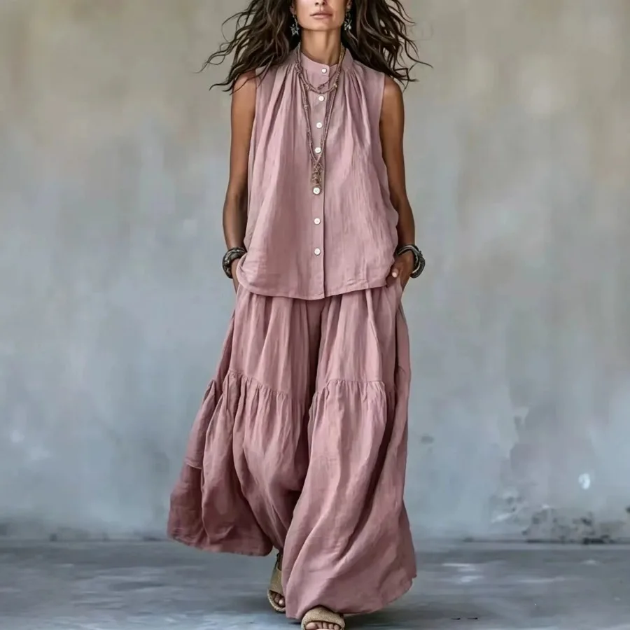 New 2026 Women's Blouse Sets Two-Pieces Sale Summer Button Loose Sleeveless Tops and High Waist Pleated Baggy Wide Leg Pant Sets