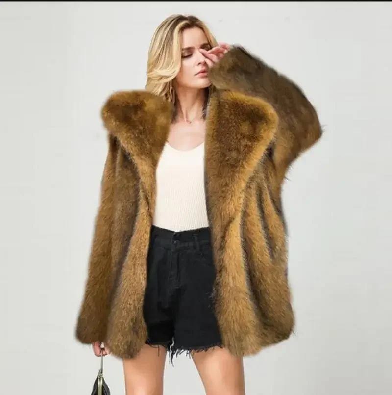 Autumn and Winter Spring Pure Color Lapel Collar Faux Fur Fluffy Jacket Loose Coat Warm Overcoat Woman