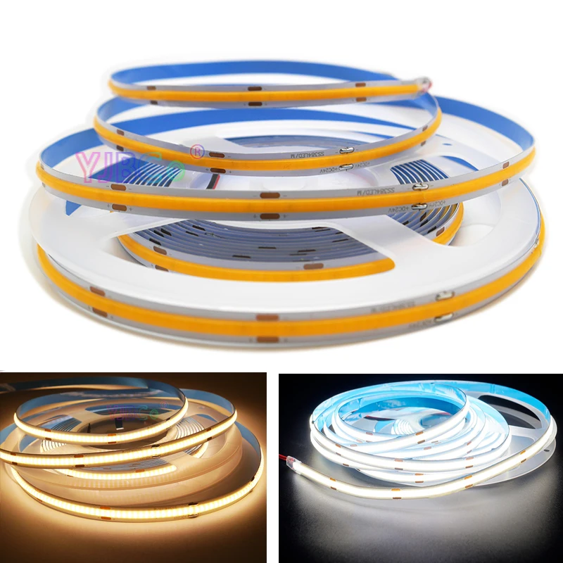 

5m COB LED Strip Tape DC12V/24V High Density Flexible 8mm FOB Bar COB Led Lights 384/528 LEDs/m White/Warm White Linear Dimmable