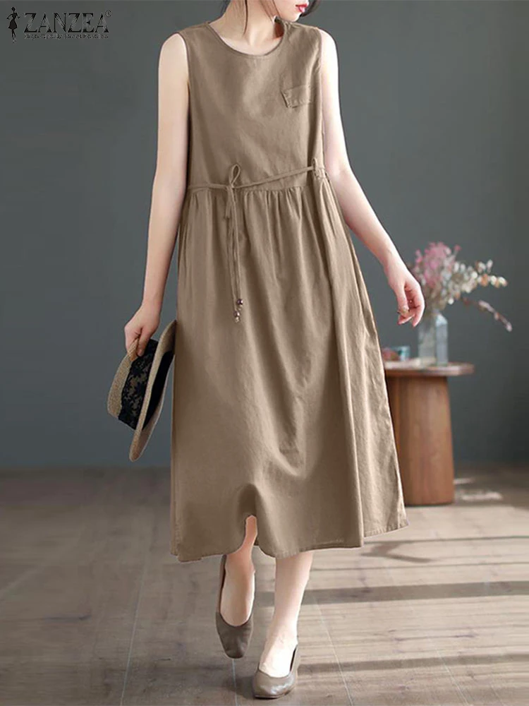 ZANZEA 2024 فستان صيفي نسائي غير رسمي بدون أكمام فستان صيفي ميدي سادة موضة فضفاضة لقضاء العطلات على الشاطئ فيستدوس سارافان رداء نسائي