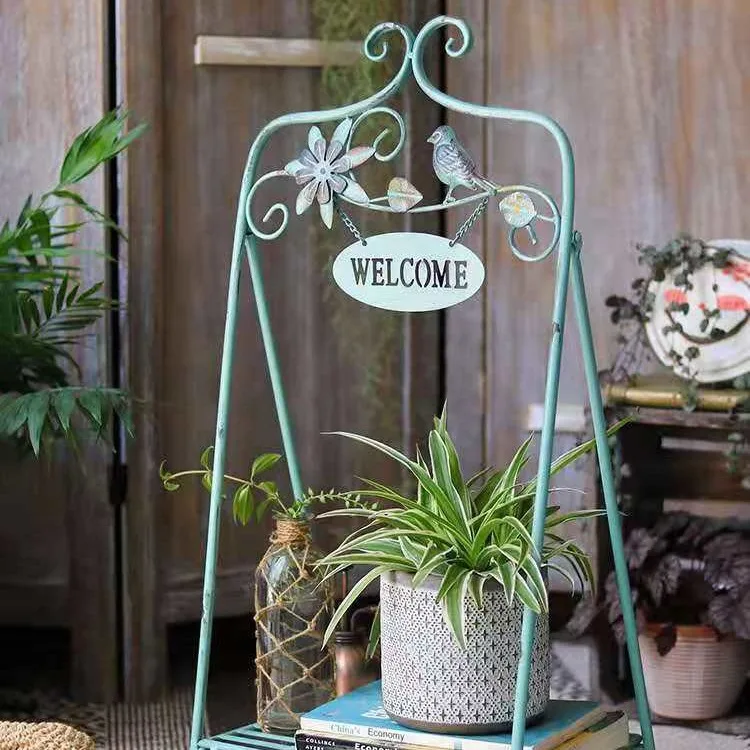 Vintage French Garden Welcome Stand, Cast Iron Plant Display with Bird & Flower Design