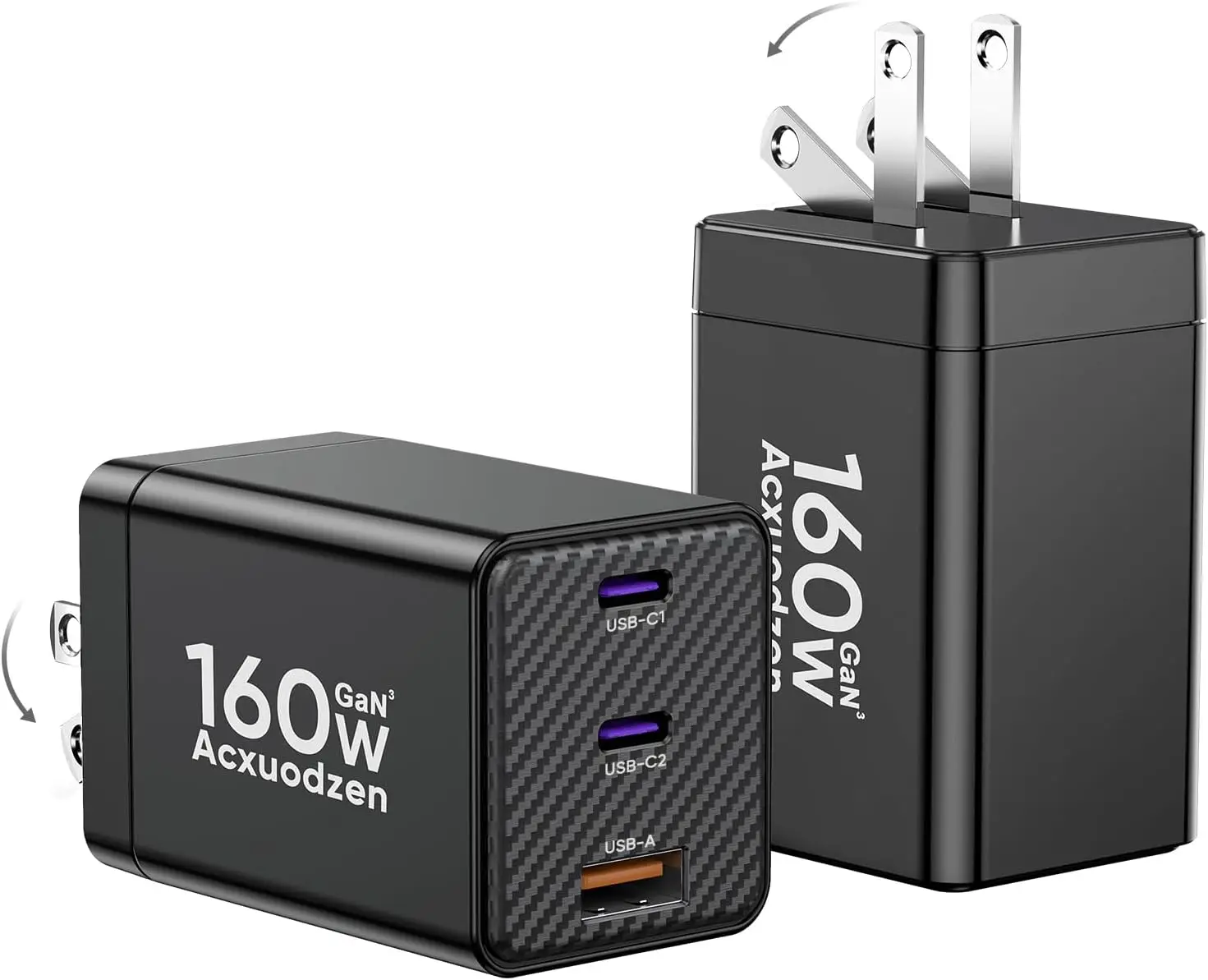 

Комплект из 2-х зарядных устройств GaN мощностью 160 Вт, 3-портовый USB-C с раскладной конструкцией для ноутбуков и телефонов