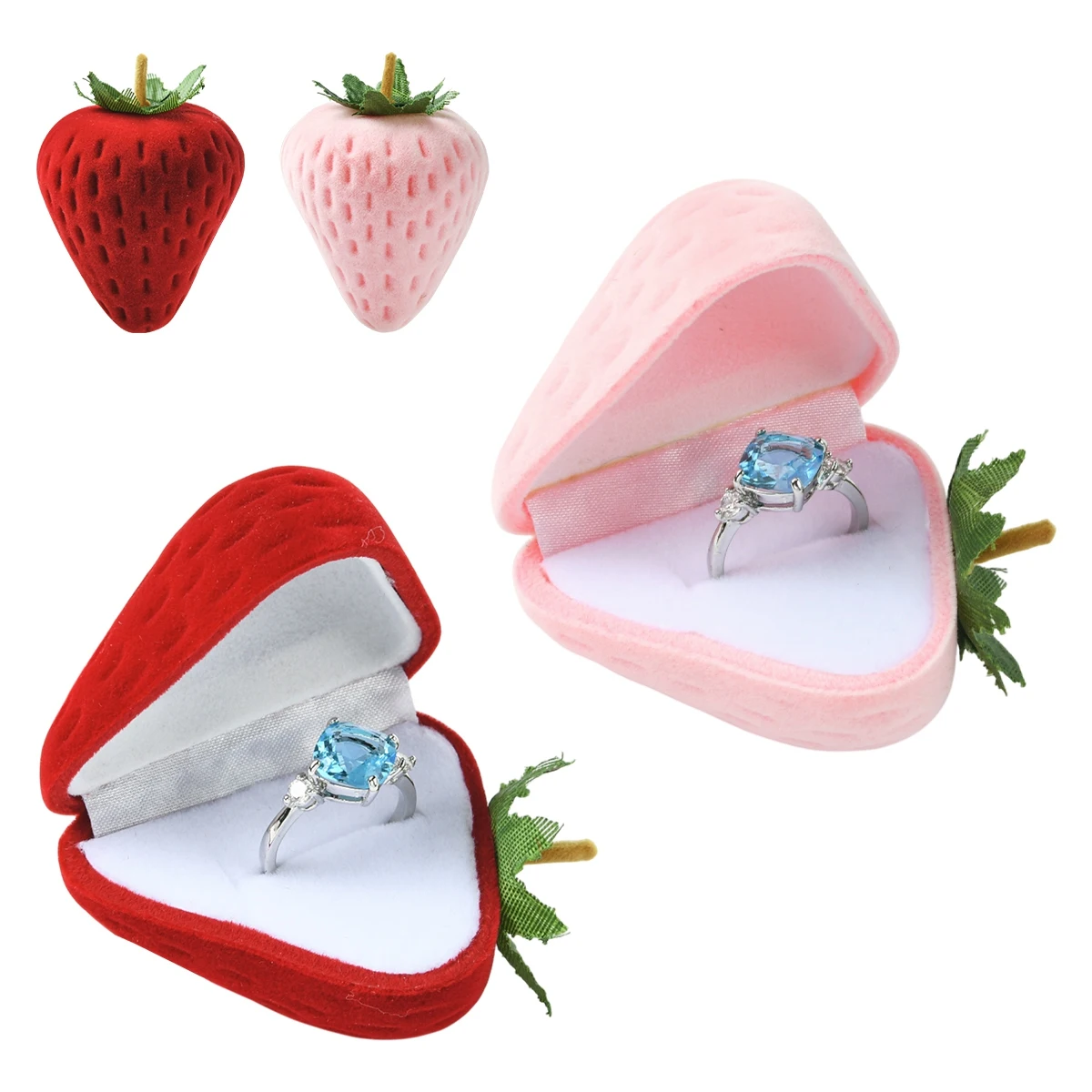 Regalo del Día de San Valentín 1 pieza Caja de anillo flocado de fresa - Estuche de almacenamiento de joyería de 6,1x4,4 cm para propuesta