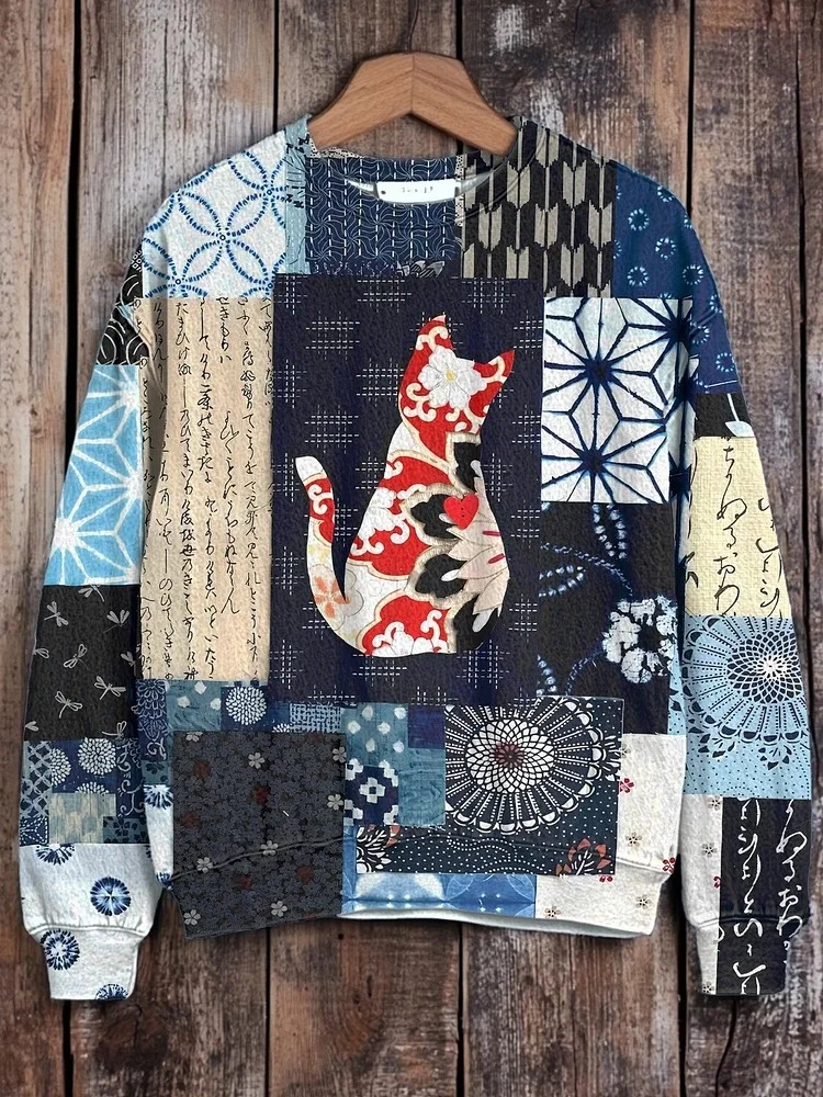 

Retro Style Crewneck Pullovers Men's Patchwork Art Cat Flower Calligraphy Print Casual Sweatshirt 2025 Autumn Thin Oversized Top