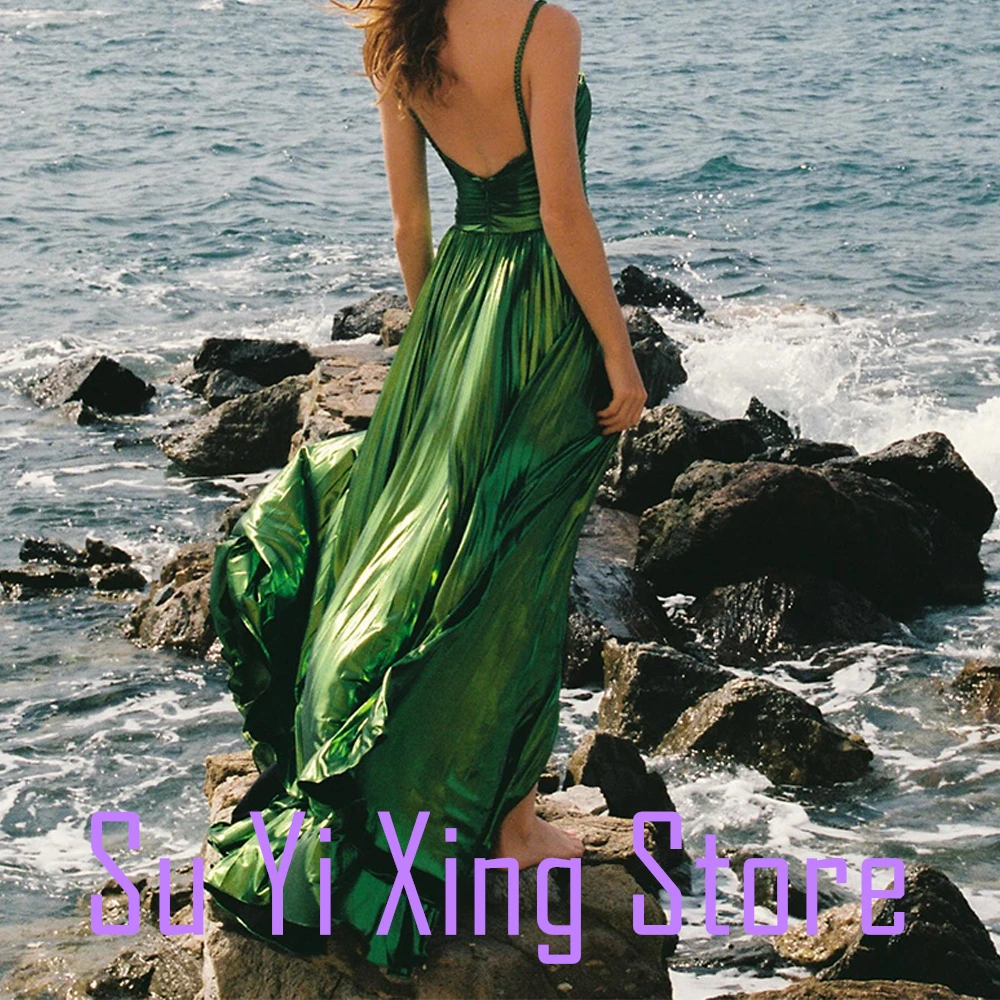 Zipper Back Beading Sweep Train Sleeveless Satin Spaghetti Straps V-Neck Floor LengthFront Slit A-Line Exquisite Evening Dress