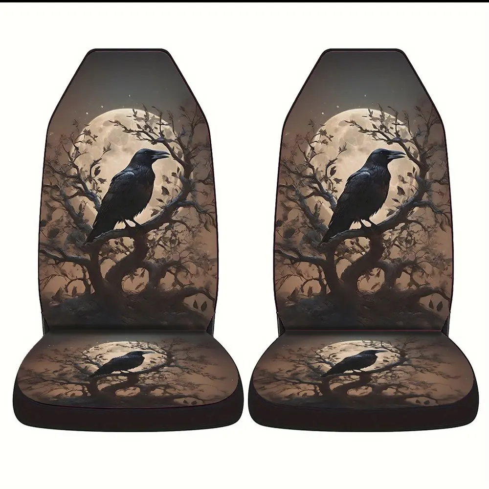 Trendy Print Car Seat Covers Full Set Fit Holiday Premium Material Comfortable Breathable Car Interior Upgrade Raven Tree Moon