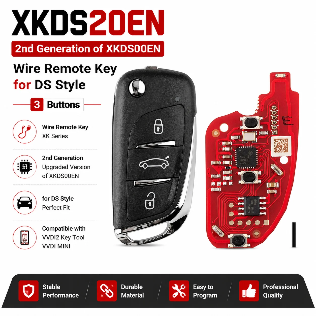 Xhorse XKDS20EN Wire Remote Key 2nd Generation of XKDS00EN for DS Style 3 Buttons Universal Car Remote Key for VVDI2 Key Tool