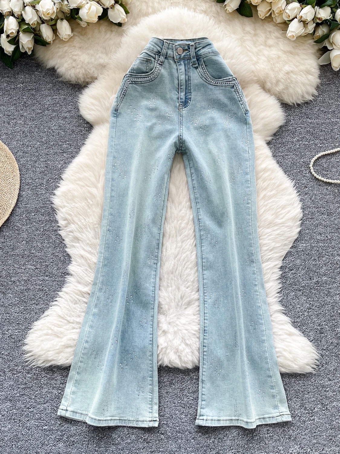 

Крутые пряные джинсы с высокой талией и широкими штанинами, женские летние утягивающие длинные брюки с тяжелым дизайном, повседневные яркие брюки с блестками Crt