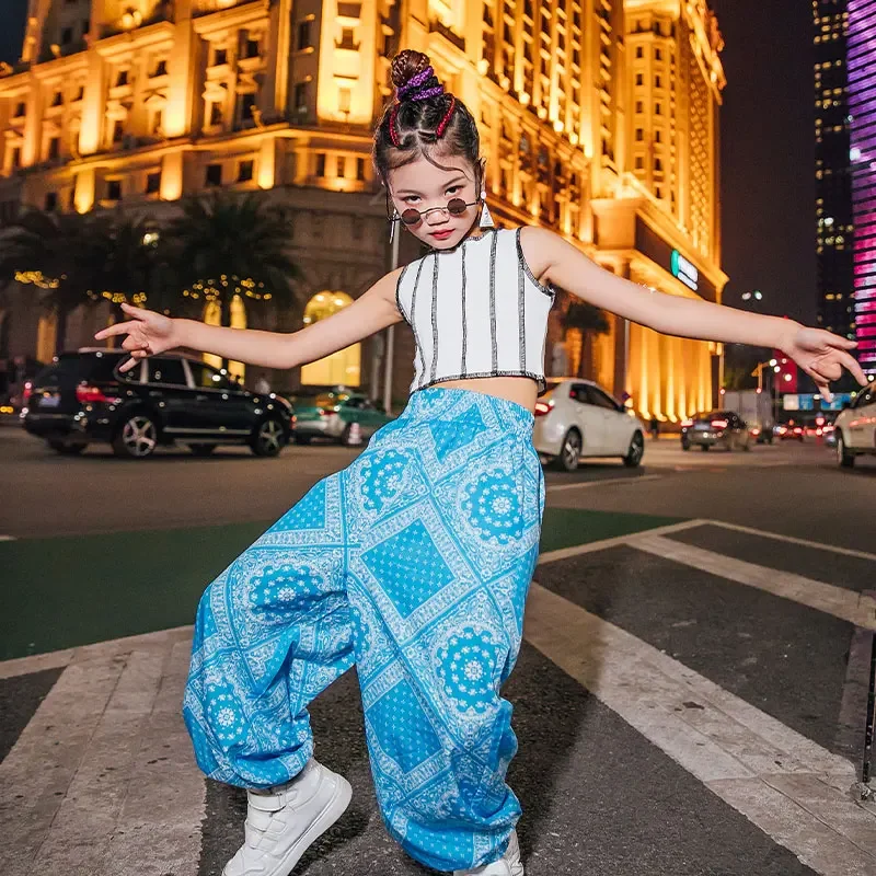 ジャズダンス衣装、子供用ストリートダンスヒップホップパンツセット、女の子用パフォーマンストレンディ服