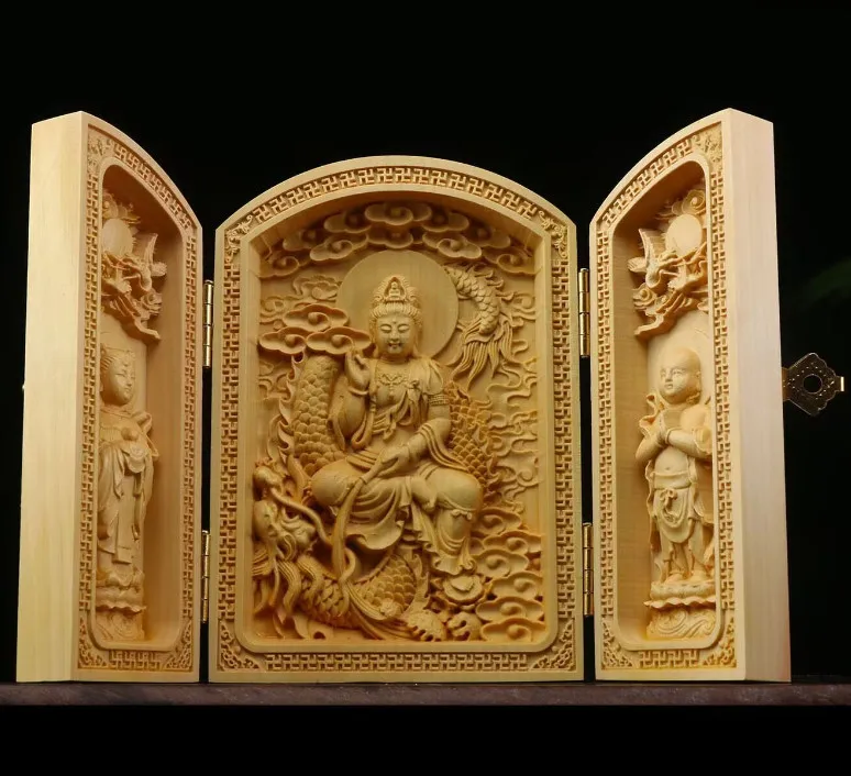 Chinese wood carving guanyin bodhisattva Buddha Riding dragon statue