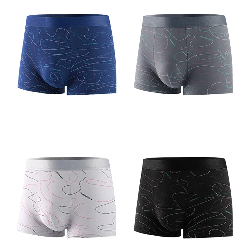 C.NEW S 4 Pcs Men Boxers Sports Underwear Underpants Shorts XL 2XL 3XL 4XL Simple Line Breathable Fashion Sports Fitness