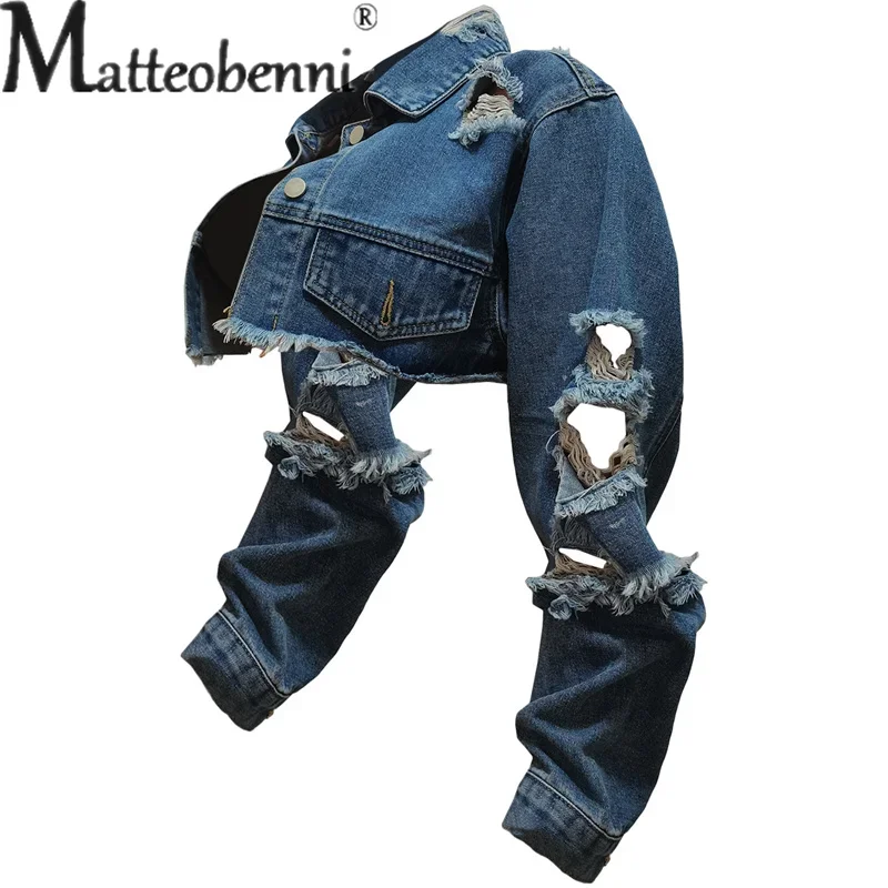 Moda buracos quebrados manga longa curto denim jaqueta senhoras tendência streetwear casual outerwear feminino duplo botão emenda casaco