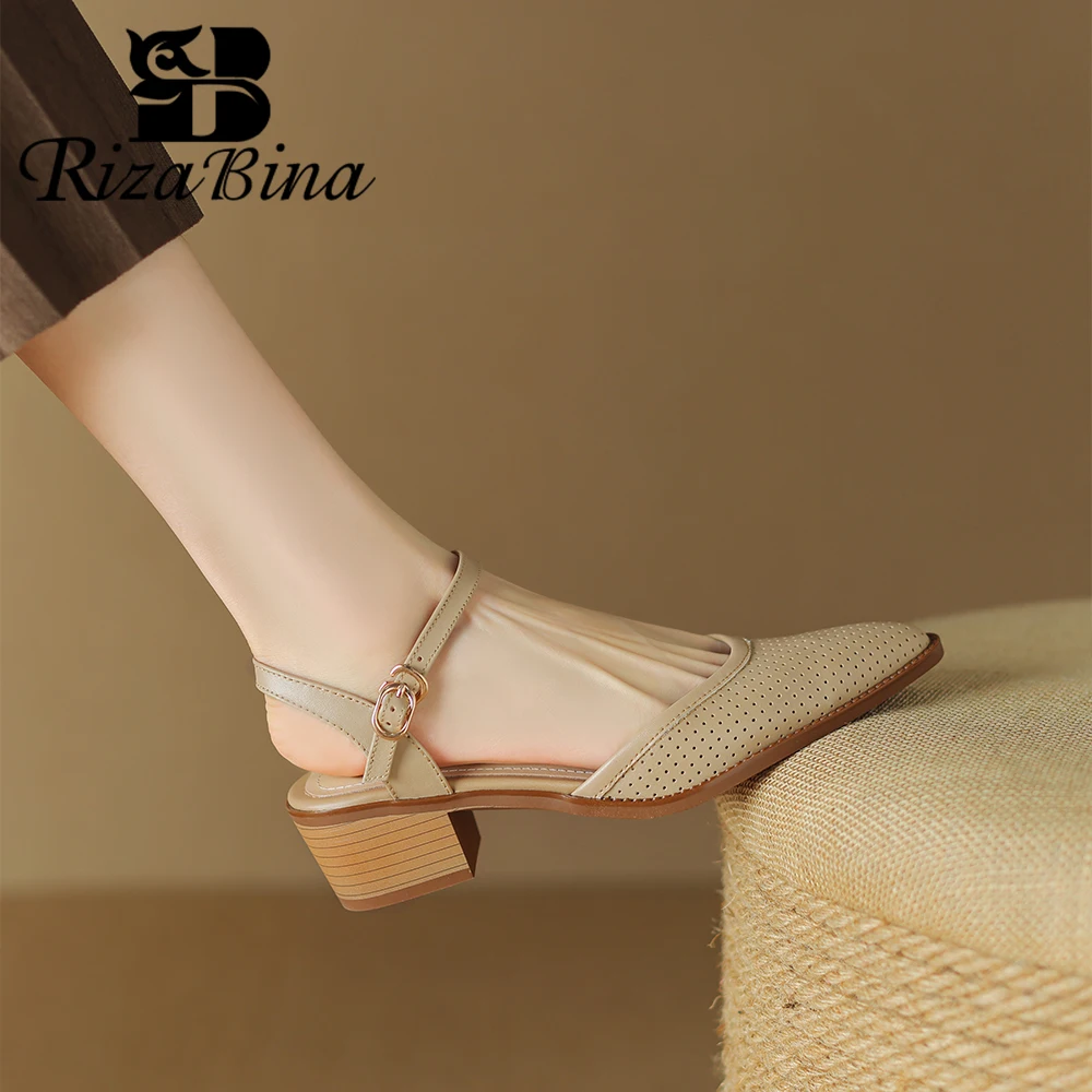 

RIZABINA Women Genuine Leather Slingbacks Pumps Pointed Toe Thick Mid Heels Buckle Sandals Retro Mesh Granny Shoes Daily office