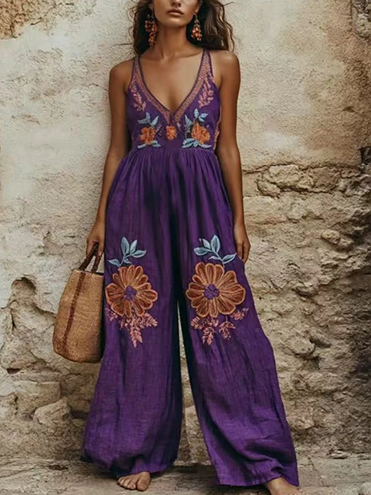 

Summer Women's Sleeveless Casual Style Polyester Material 2025 New Fashion V-neck Printed Strap Wide Leg jumpsuit Pants