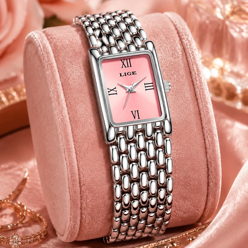 LIGE New Women's Square Watch Stainless Steel Mesh Bracelet Pink Dial Roman Numeral Fashion Waterproof Quartz Ladies Wristwatch
