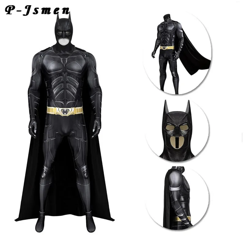 

P-Jsmen Adult Dark Knight Cosplay Costume Bruce Wayne Jumpsuit Superhero Battle Costume Printing Halloween Bat Outfit + Mask