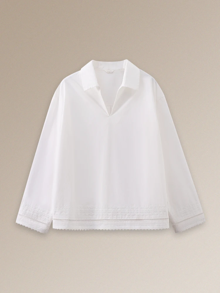 Slimming Effect V-Neck Loose Shirt with Lace Splicing Craft Spring Handwritten Note Hem Hollow out Design by Hacikis