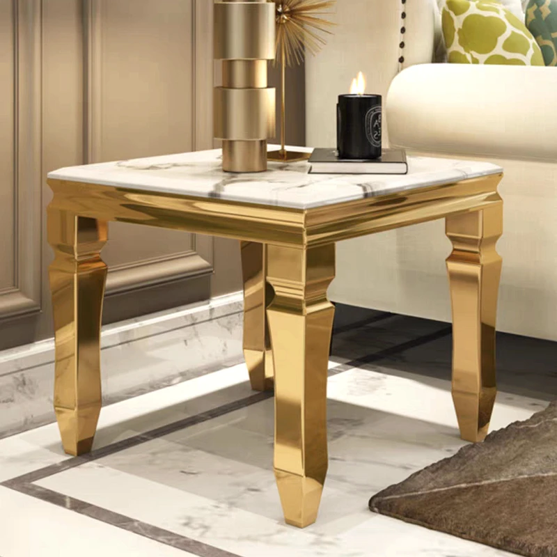 High End Luxury Square Marble Coffee Table Glossy Gold Stand Living Room Sofa Edge Corner Table Designer Hotel Table