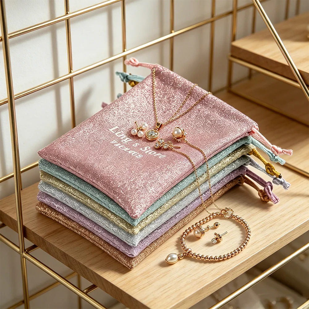 

100Pcs Personalized Logo Sequins Shiny Jewelry Drawstring Bag Boutique Colorful Packaging Earring Pendant Bracelet Organizer