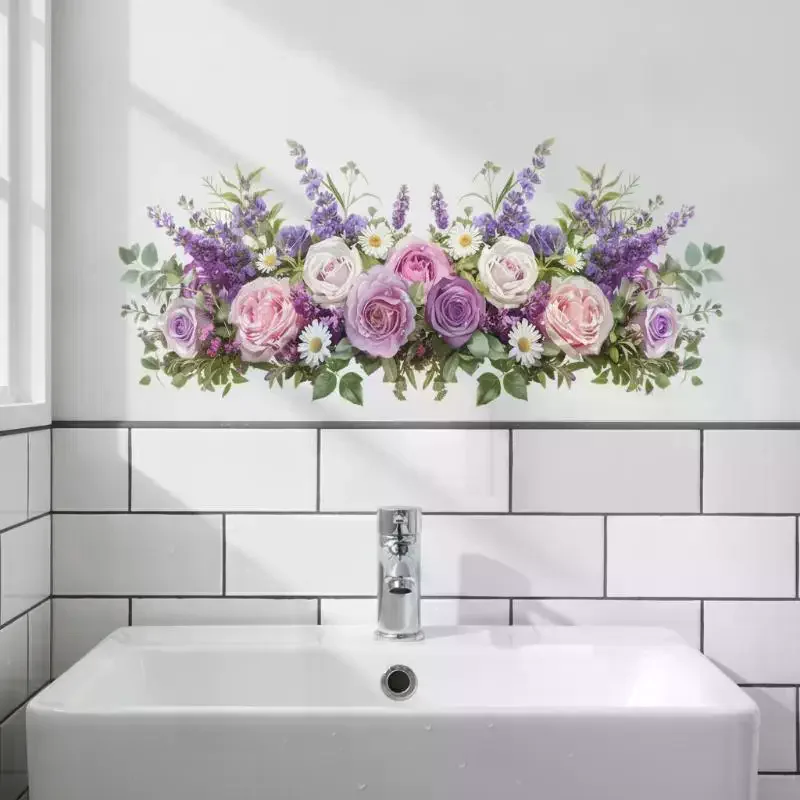 Fresh Floral Pattern Sink Area Background Wall Sticker Bathroom Wall Decoration Self-Adhesive Removable Waterproof Sticker