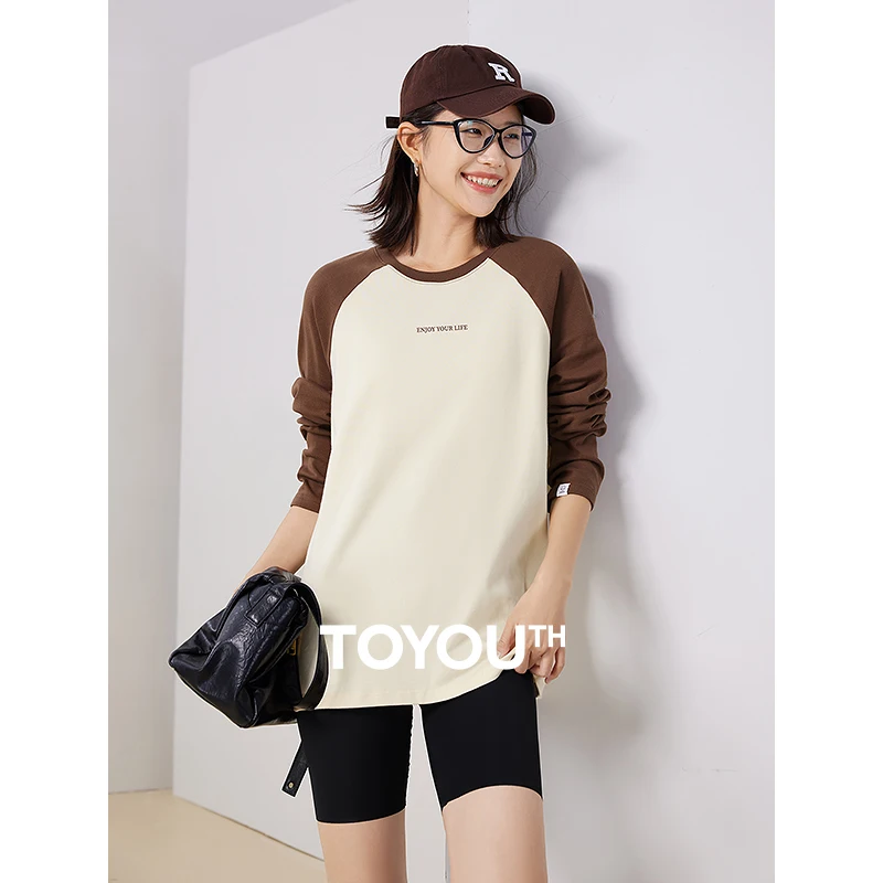 

Toyouth Women Tees 2023 Autumn Contrast Raglan Sleeve Round Neck Loose T-shirt ENJOY YOUR LIFE Print Fashion Casual Basic Tops