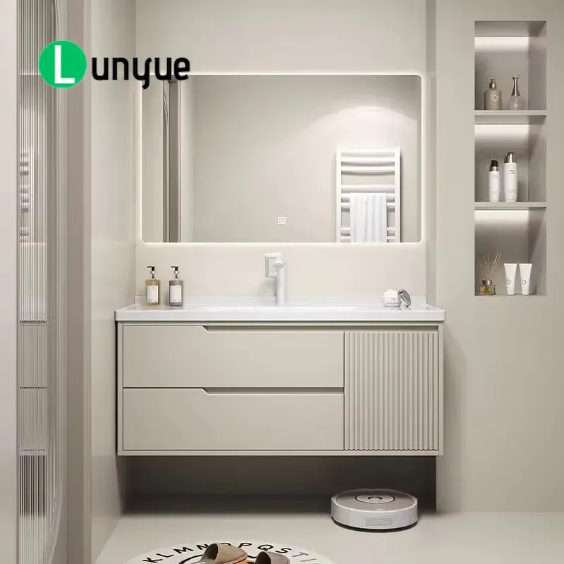 Modern LED Mirror Vanity Bathroom Sink Cabinet Combo Farmhouse Style for Apartment School Washroom High Quality Lighting