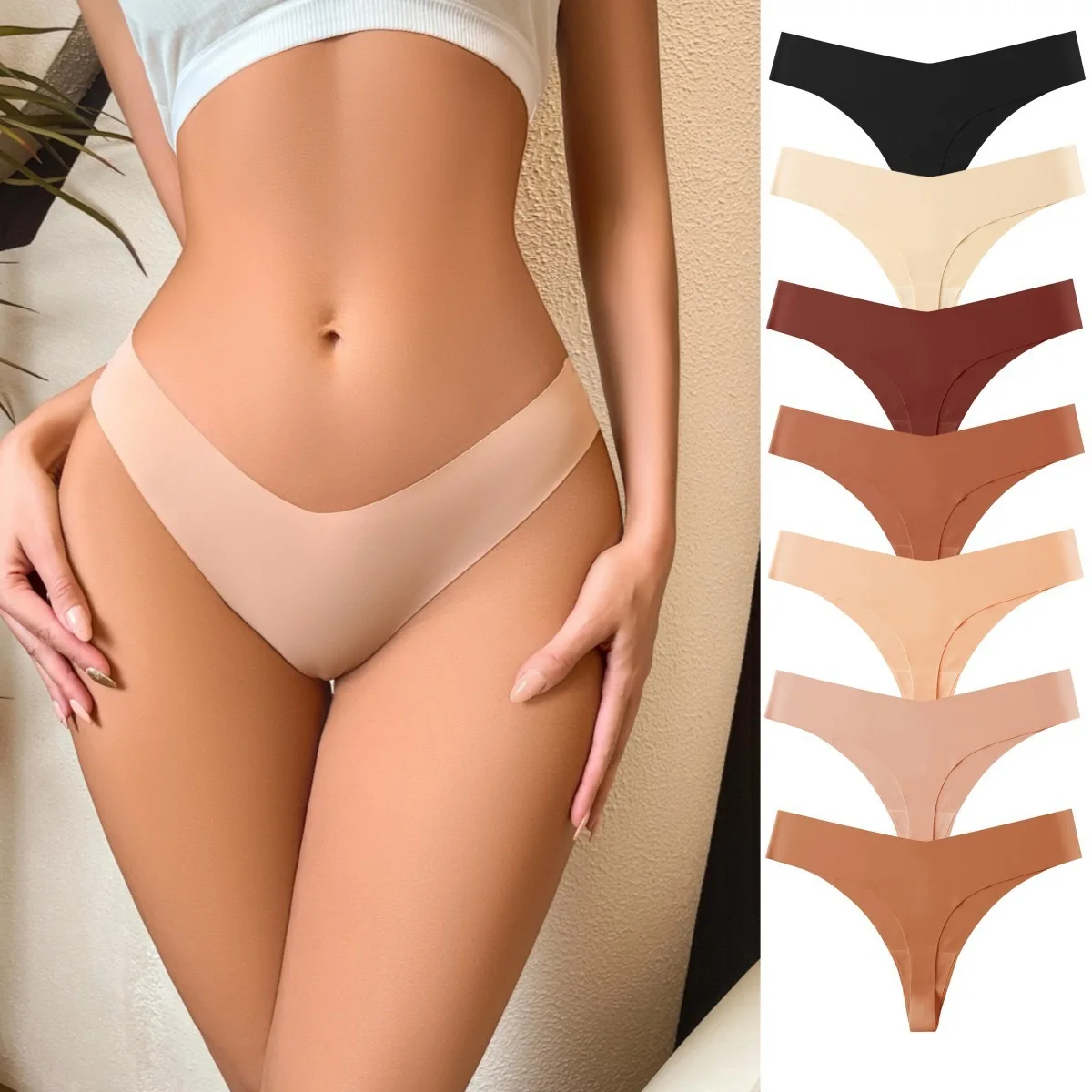 5pcs Seamless Thongs For Women V Waist G-String Panties Colors Dopamine Color Underwear Ice Silk Breathable Underpants Soft