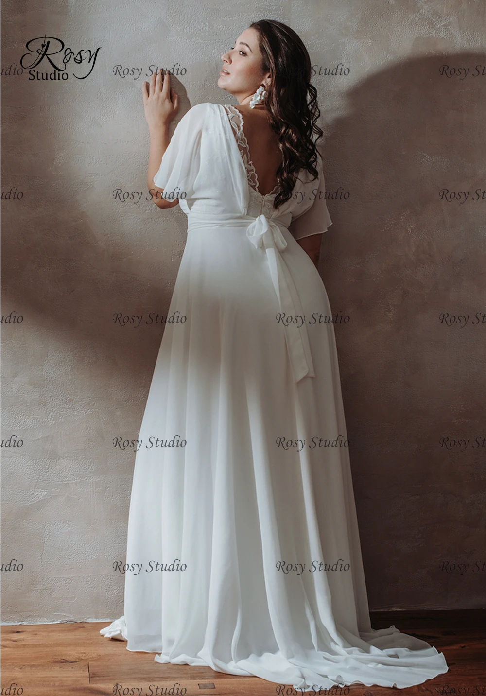 Elegant Scoop Half Sleeves Plus Size Wedding Dresses Chiffon Beach Bridal Gown White Bride Dress Customized Vestido de Novia