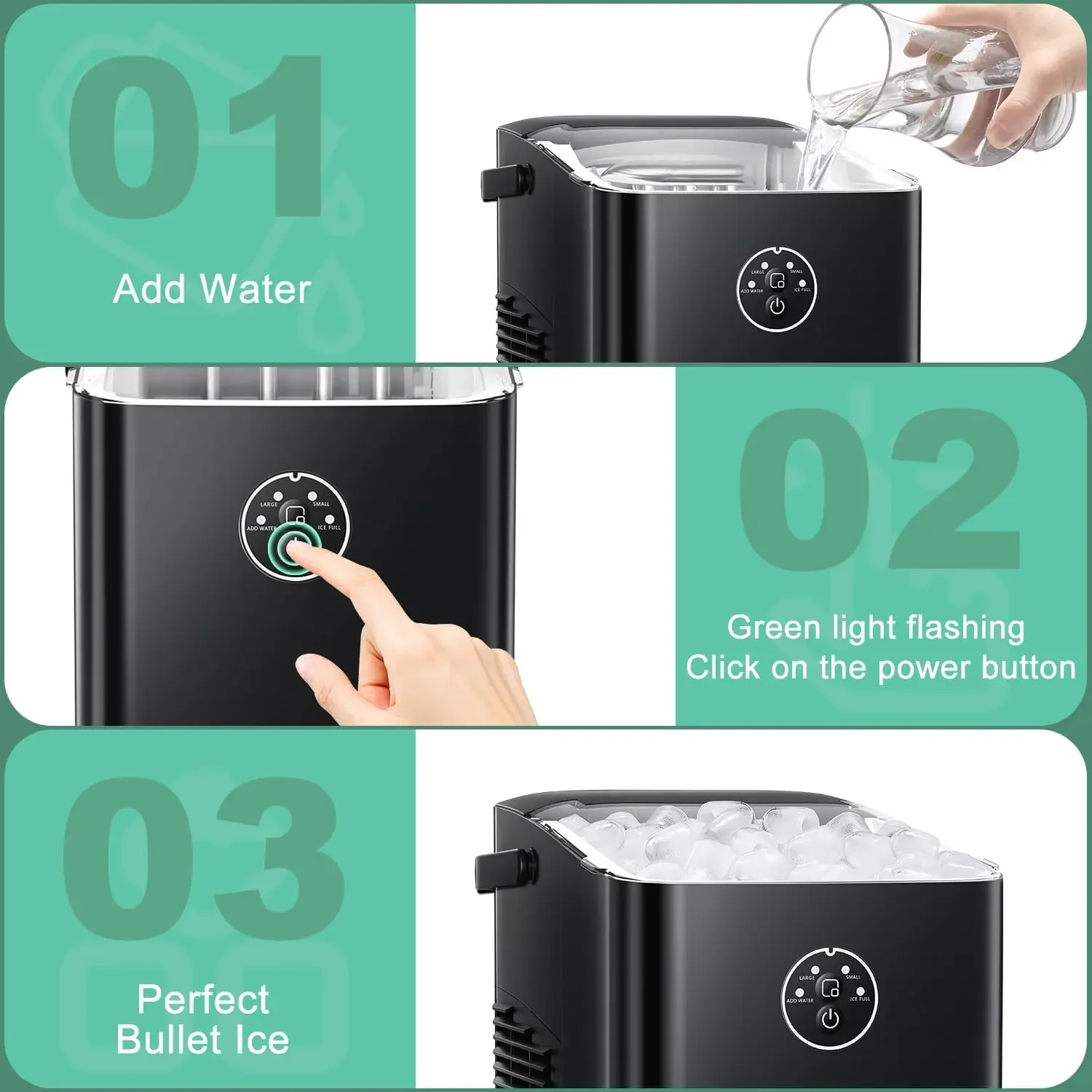 Rápido 6-Minute Countertop Ice Maker Machine, limpeza automática, adequado para acampamento ao ar livre, festa e cozinha, preto, Quali